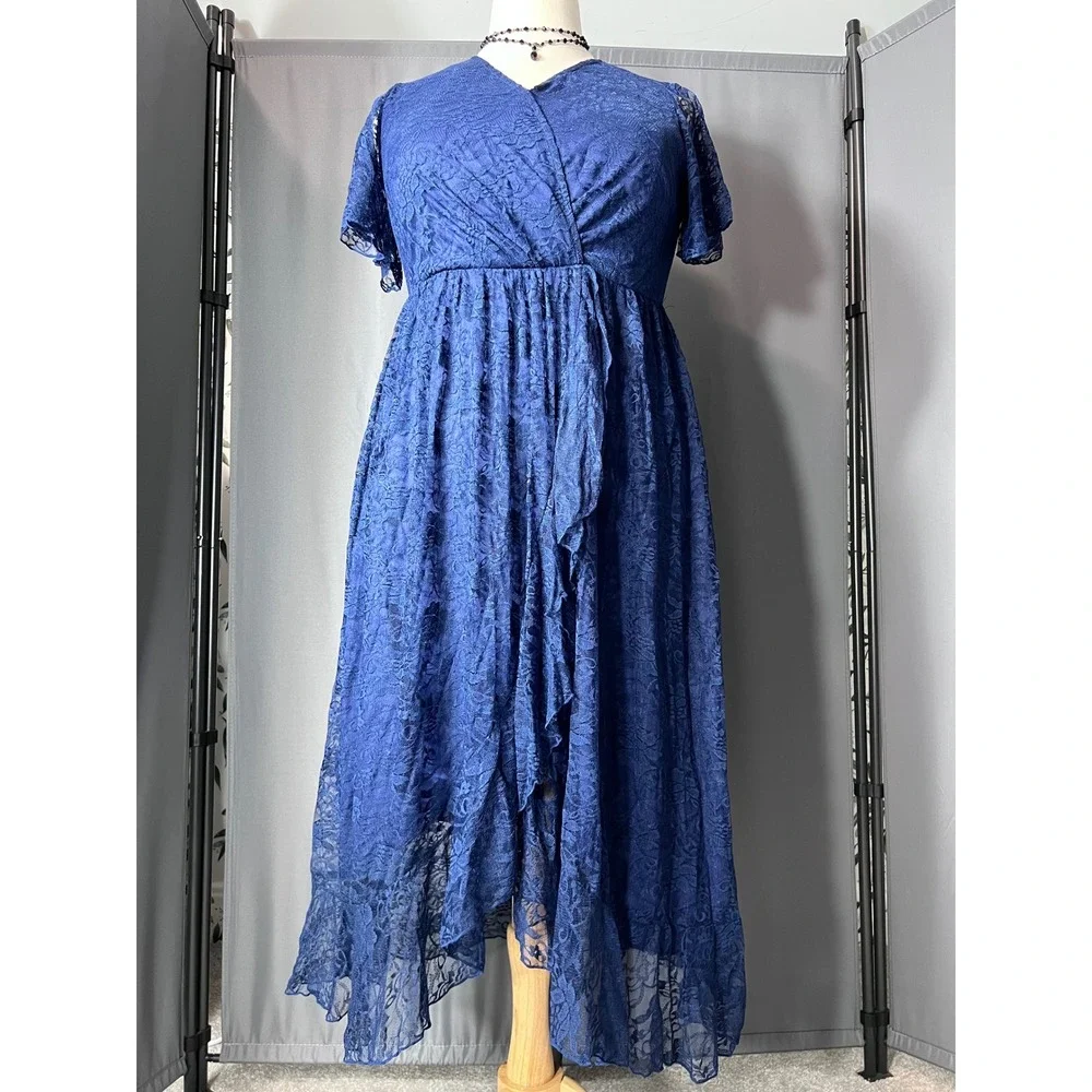 Royal Blue Floral Lace High-Low Faux Wrap Empire Waist Dress with Ruffle Detail - Picture 1 of 13